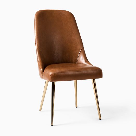 Mid-century High-back Leather Dining Chair - Metal Legs 