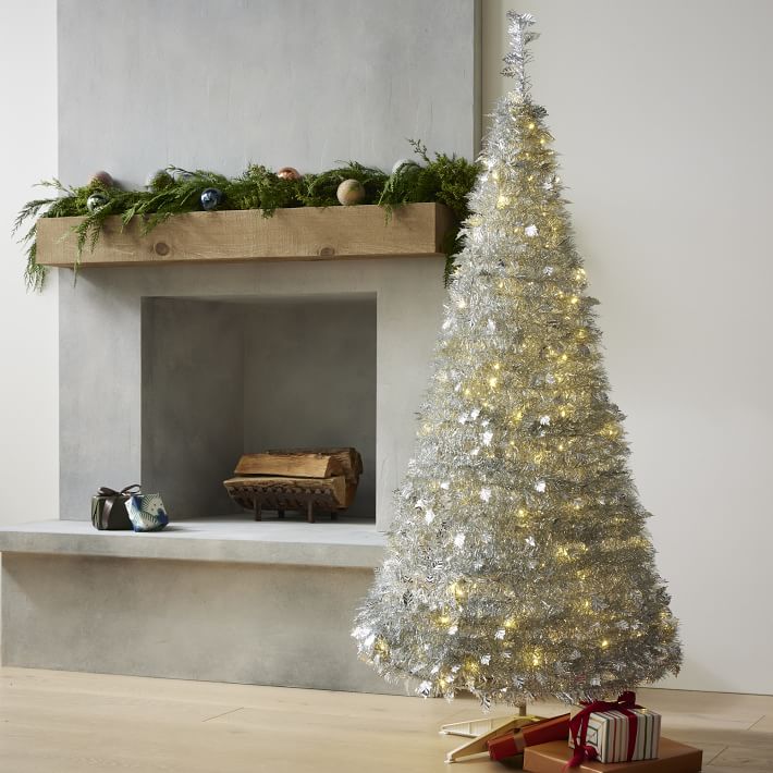 LED Pop-Up Tinsel Christmas Tree - Silver | West Elm