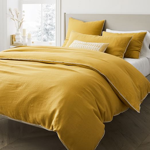 European Flax Linen Pom Pom Duvet Cover & Shams West Elm