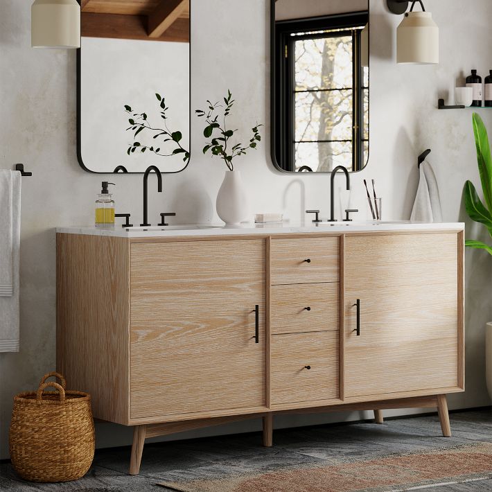Mid-Century Double Bathroom Vanity (63") - Cerused White | West Elm