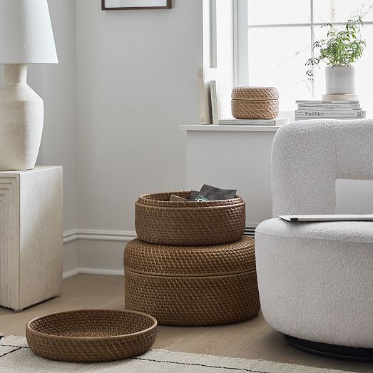 Modern Weave Rattan Round Lidded Baskets | West Elm