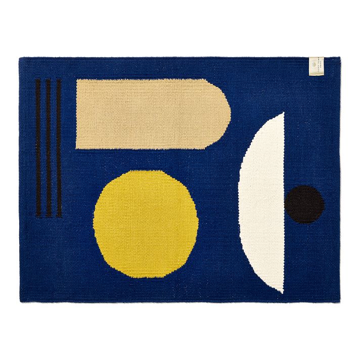 Peppery Home Geometric Bath Mat in navy blue and orange semi circle bathroom  rug