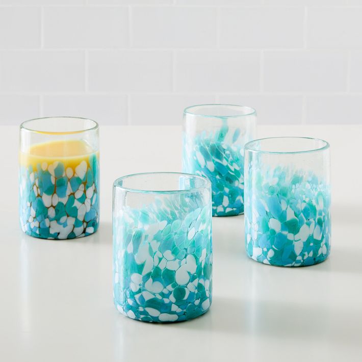 Mexican Hand Blown Drinking Glasses | White and Blue Artisan Glassware