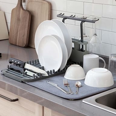 mDesign Kitchen Counter Dish Drying Rack & Microfiber Mat, Set of 2 -  Black/Gray