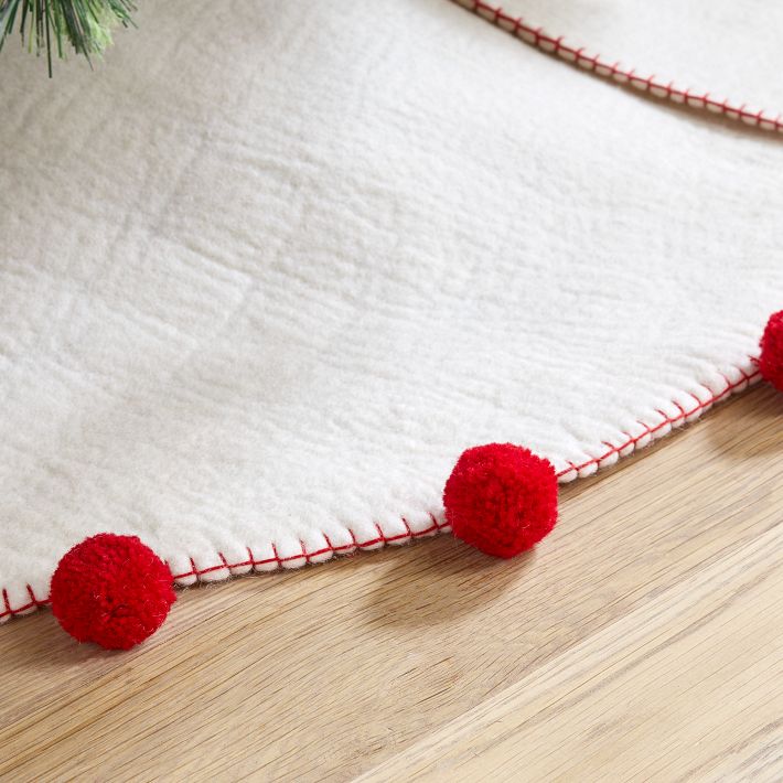 Pom Pom Felt Tree Skirt White & Red West Elm