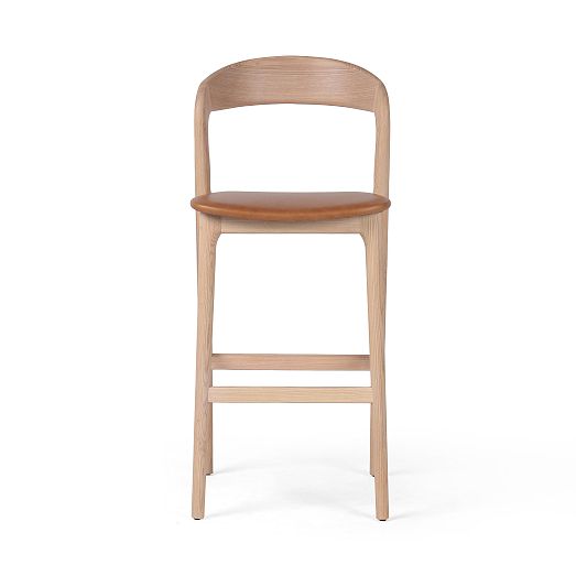 Scooped Ash Wood Leather Stool | West Elm