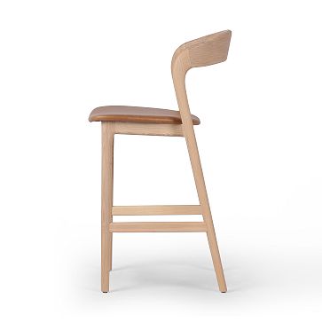 Scooped Ash Wood Leather Stool | West Elm