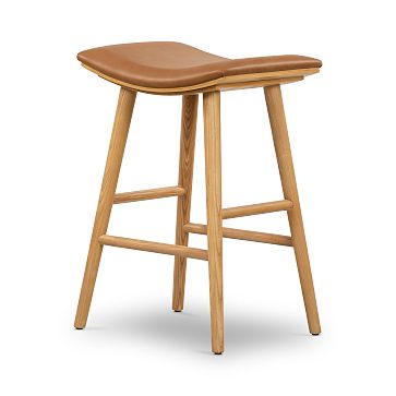 Oak Wood Leather Saddle Bar & Counter Stools | West Elm