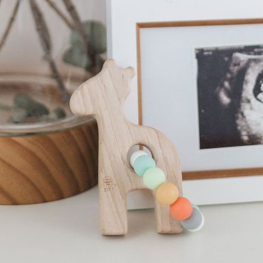 giraffe wood baby rattle - natural and handmade