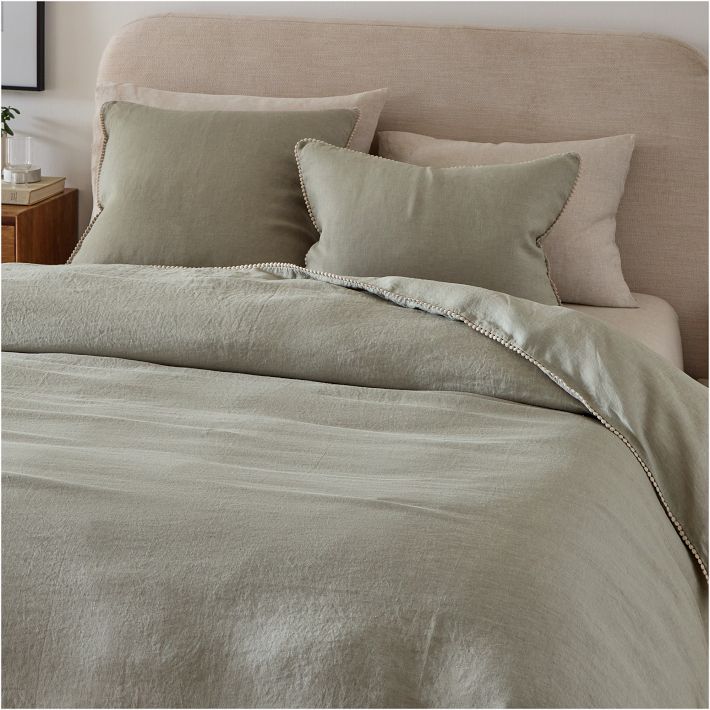 European Flax Linen Pom Pom Duvet Cover & Shams West Elm