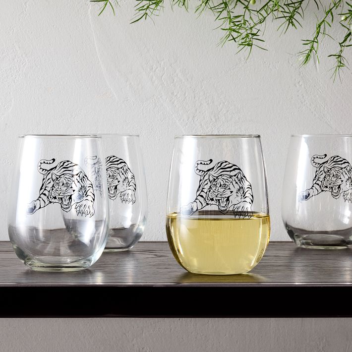 Etched Stemless Wine Glass, Bird of Paradise (Set of 4)