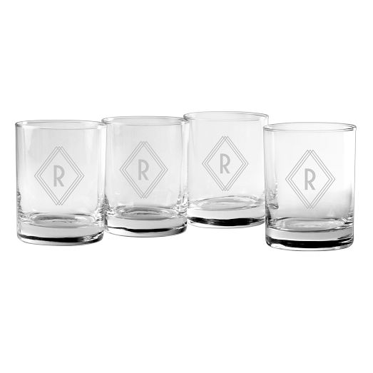 Set of 4  Stemless Wine Glasses with Hand Cut Monogram, 21 oz