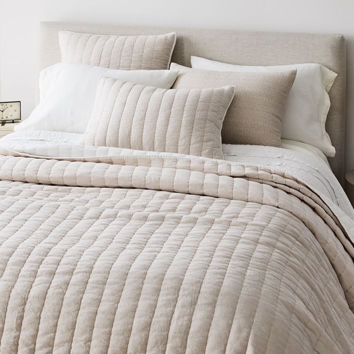 European Flax Linen Cotton Pick Stitch Quilt (color white/natural)