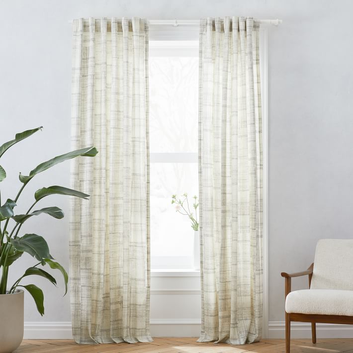 Mid-Century Cotton Canvas Etched Grid Curtains (Set of 2) - Slate