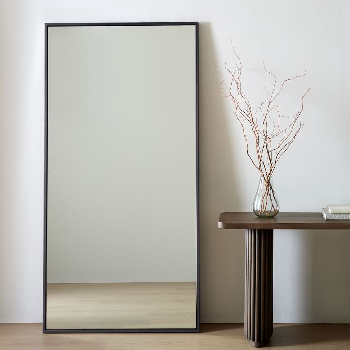 21st Century Small Standing Mirror, Brass Frame and Leather Insert