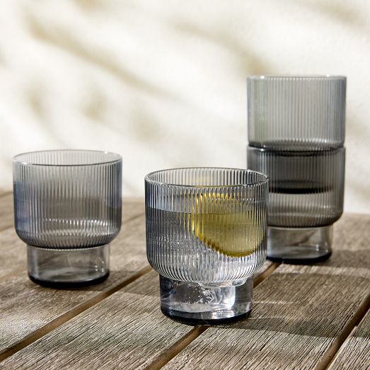 Vintage Art Deco Fluted Drinking Glasses Set of 4, 11 oz Modern Kitchen  Glassware Set  Unique Cups for Weddings, Cocktails or Bar, Ribbed Glass Cup  for Water, Smoke Grey 