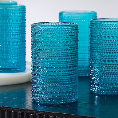 Two Blue Tall Drinking Glasses Round Top and Square Bottom 