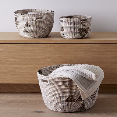 3ct mDesign Woven Farmhouse Kitchen Pantry Food Storage Basket Box, 3 Pack, White