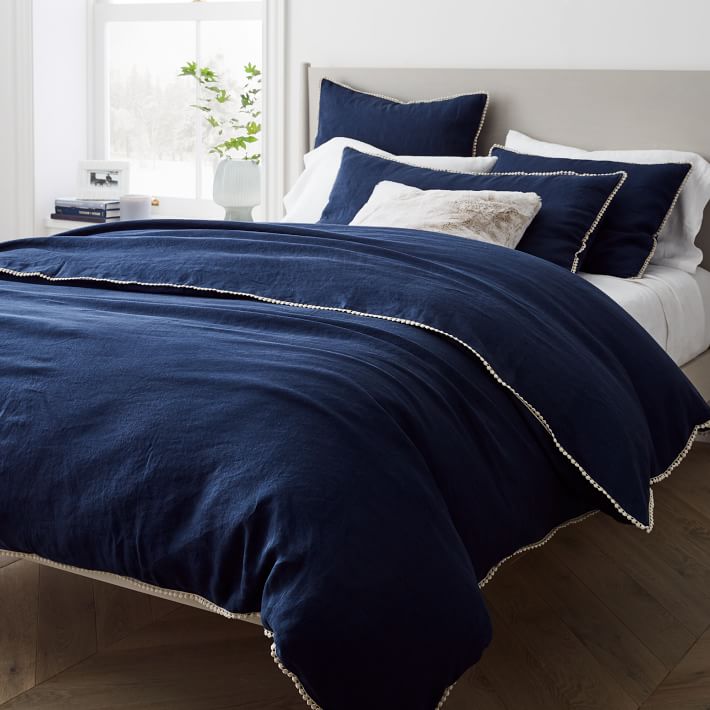 European Flax Linen Pom Pom Duvet Cover & Shams | West Elm