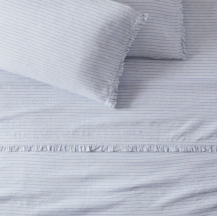 Heather Taylor Home Canyon Stripe Ruffle European Flax Linen Sheet Set &amp; Pillowcases