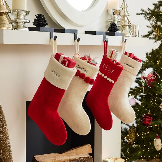 Felt Christmas Stockings w/Dancing Reindeer & Pom Poms 17.5 Lot of 2 X1445