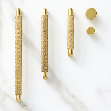 Brass Solid Texture Knurled Drawer Pulls and Knobs in Satin Brass