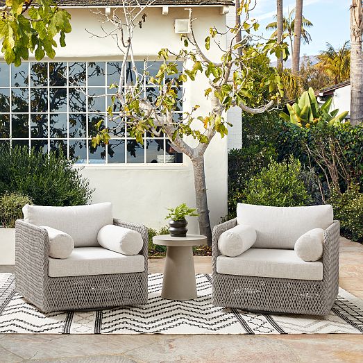 Coastal Outdoor Swivel Chairs & Concrete Pedestal Round Side Table Set ...