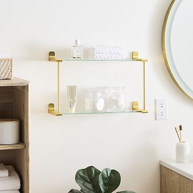 Luxury Carved Wall Mounted Gold Brass Double Glass Bathroom Shelves