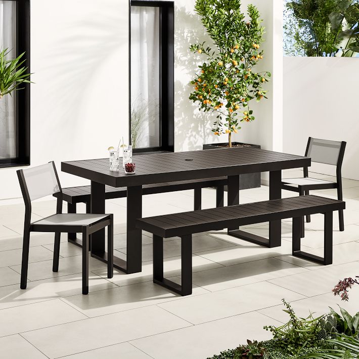 Portside Aluminum Outdoor Dining Table (72&quot;), Benches &amp; Textilene Chairs Set