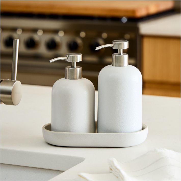 Kitchen Soap Dispenser Set with Tray , Ceramic Material,Durable (Grey+Grey)