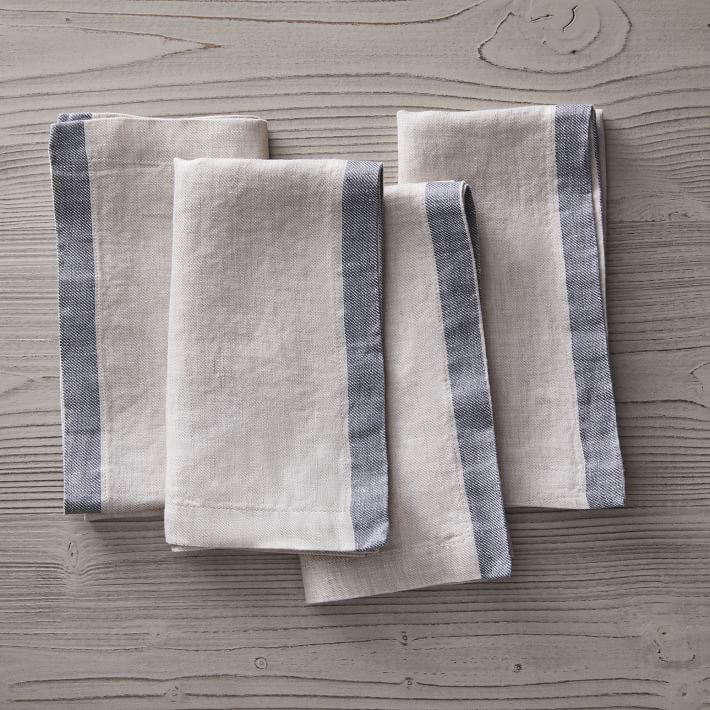 Herringbone Border Linen Napkins, Set of 4