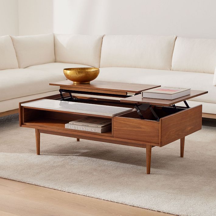 Mid-Century Double Pop-Up Coffee Table - Walnut/White Marble