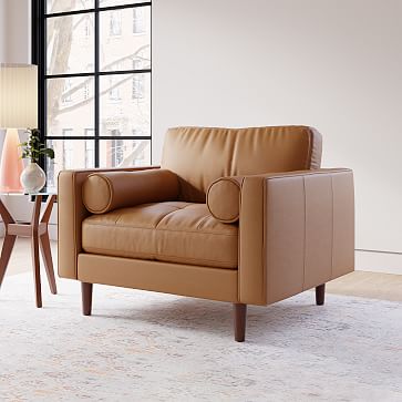 Tan leather chair online and ottoman