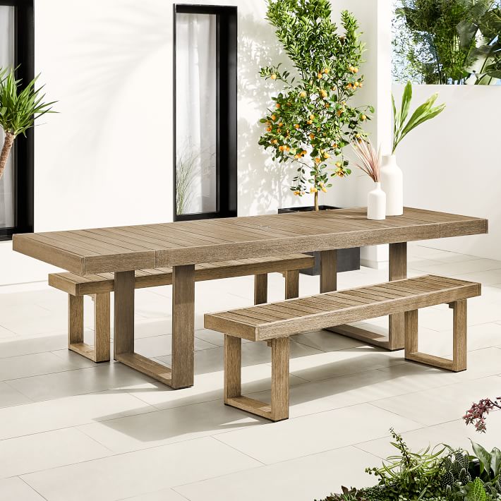 Portside Wood Outdoor Expandable Dining Table (76.5&quot;&ndash;106&quot;) &amp; Benches Set