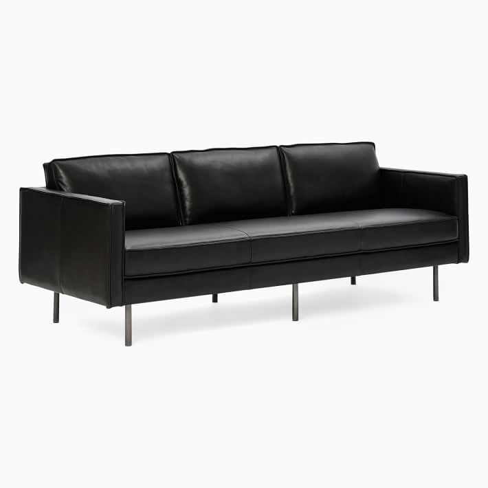 West elm store black leather couch