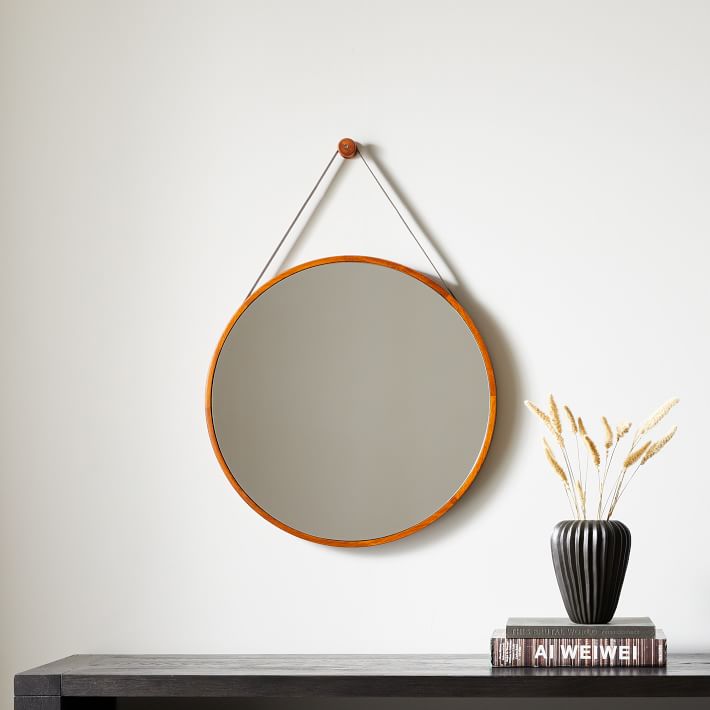 Modern Leather Round Hanging Mirror - 24&quot;