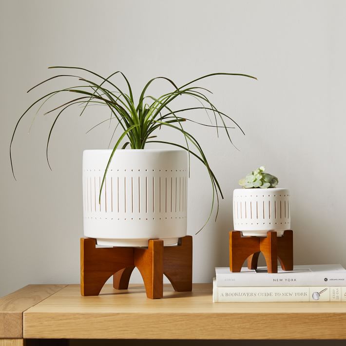 Mid-Century Turned Wood Tabletop Planters - Gold Stripe