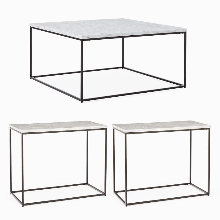 Streamline Square Coffee Table &amp; 2 Side Tables Set - Marble