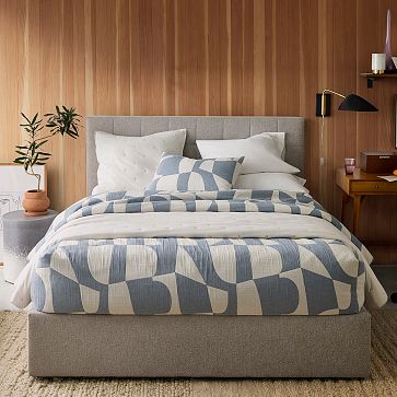 Emmett Tall Grid Tufting, Low Profile Bed, King, Deco Weave, Pearl Gray, No-Show Leg, West Elm