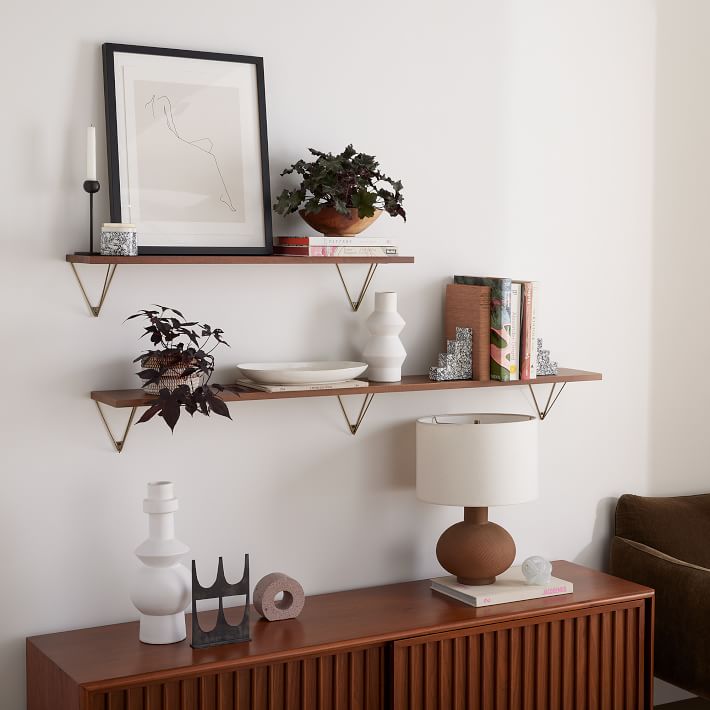 Linear Cool Walnut Wood Wall Shelves with Prism Brackets