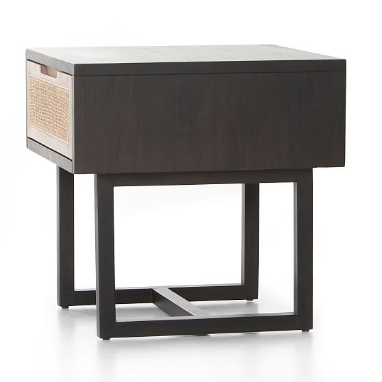 Mid-Century Modern Black Mango Square End Table with Cane Drawer