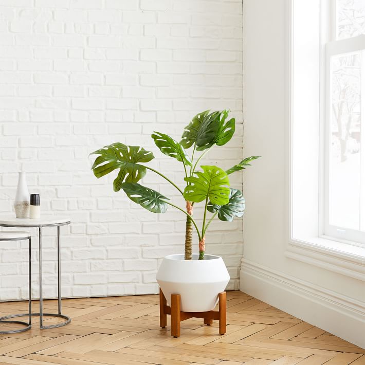 Faux Monstera Plant &amp; Ilya Turned Wood Planter Bundle