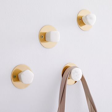 White Marble & Brass Wall Hooks (Set of 4)