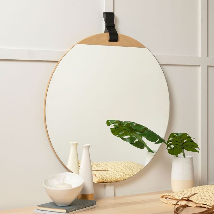 Round Hanging Wall Mirror w/ Leather Strap