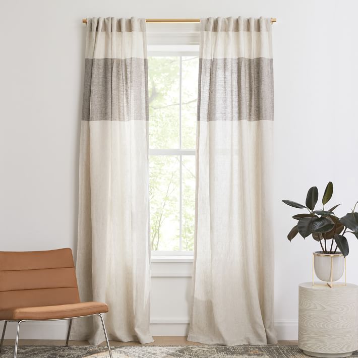 European Flax Linen Contrast Stripe Curtain - Natural/Java
