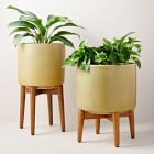 Mid-Century Turned Wood Leg Planters - Yellow Crackle