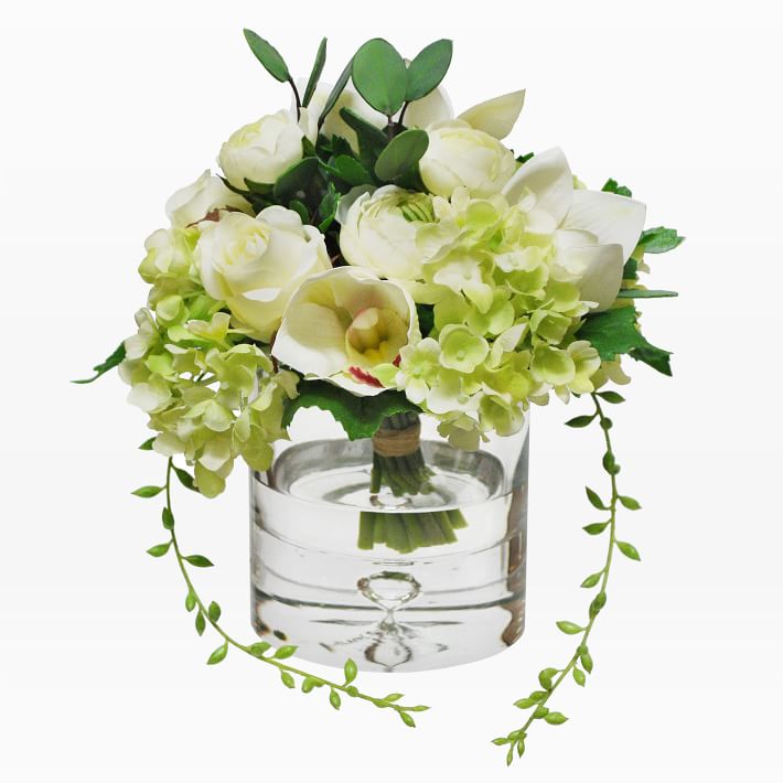 Faux Flower Bouquet w/ Vase - White