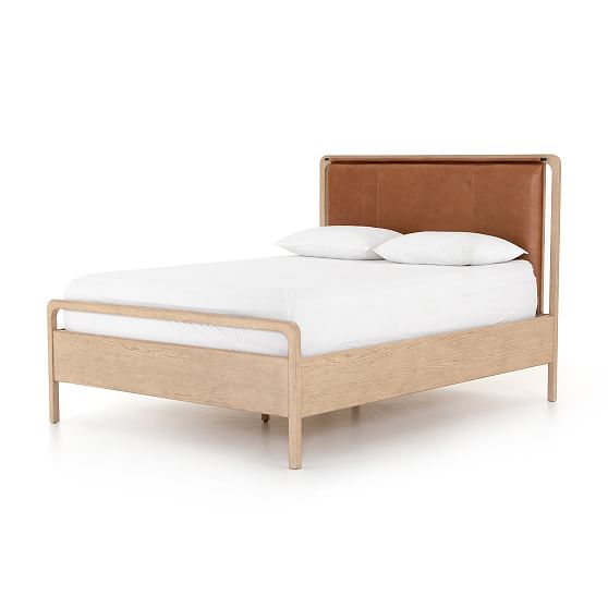 Modern Washed Oak King Bed with Tan Leather Headboard
