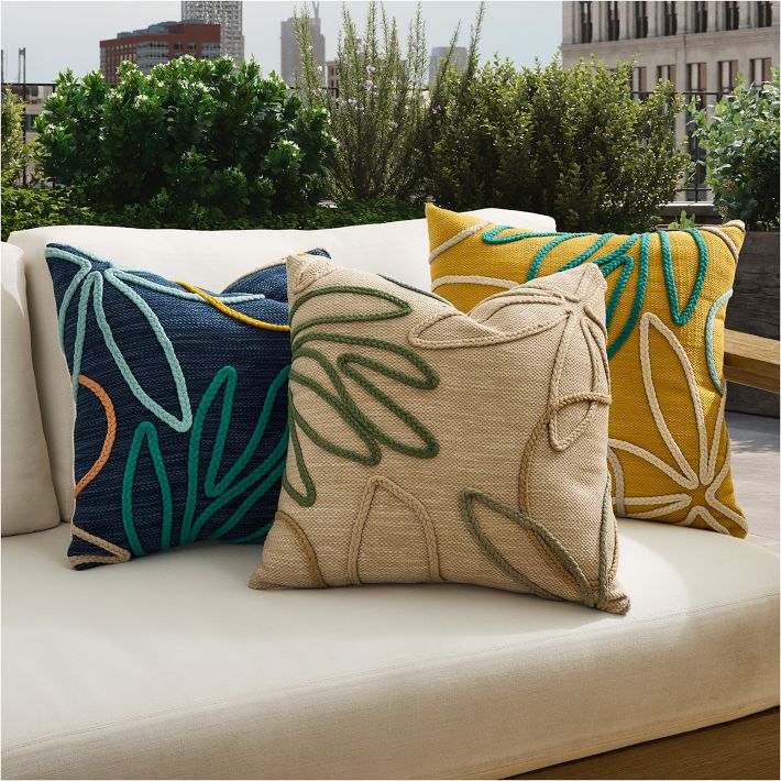 Outdoor Linework Floral Pillow 20x20 Blue Indigo West Elm