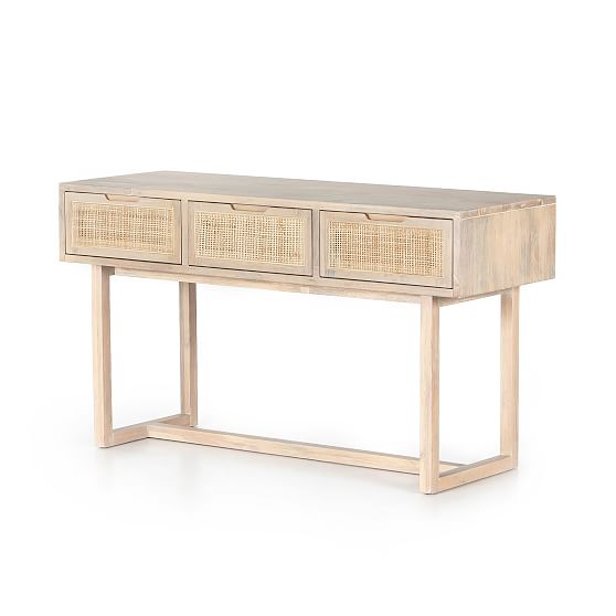 Mid-Century Modern Whitewashed Mango Wood Console Table with Cane Drawers